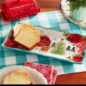 SOLD Woman Red Barn, Ceramic Serving tray/Platter. Cheerful Rose. Brand New